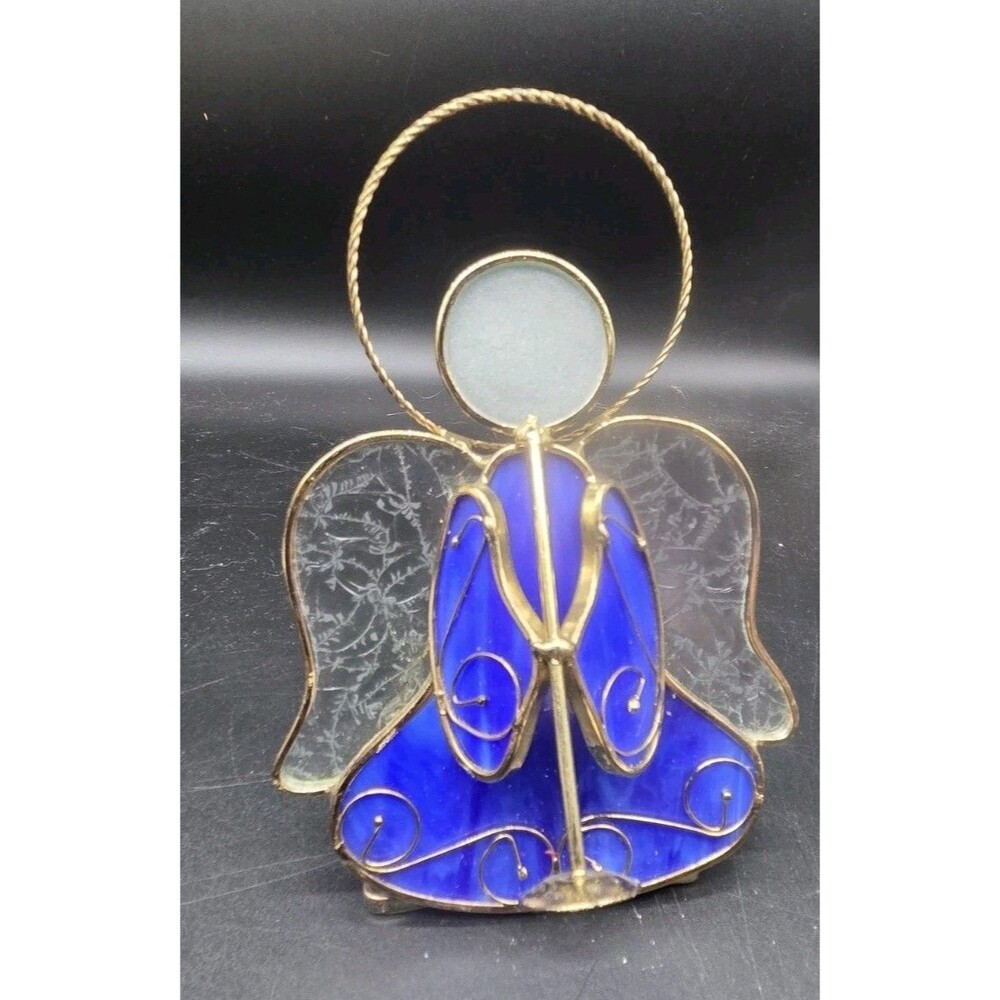 Handmade Stained Glass Angel Tealight Candle Holder Blue Gold Wire